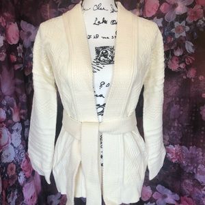 Cardigan sweater cream ivory white belt cable knit